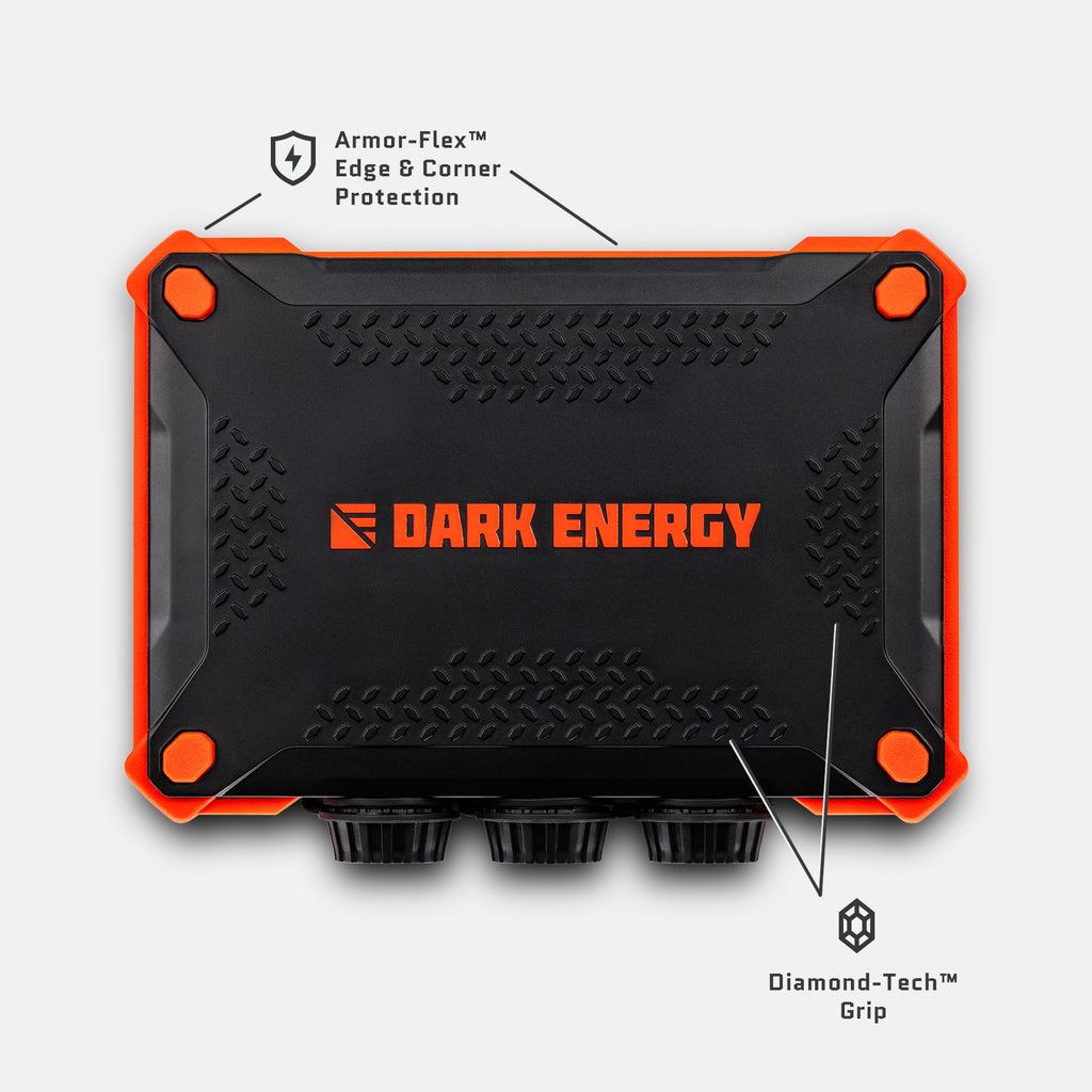 Orange-and-black XL power bank with textured grip, corner bump guards, and port openings