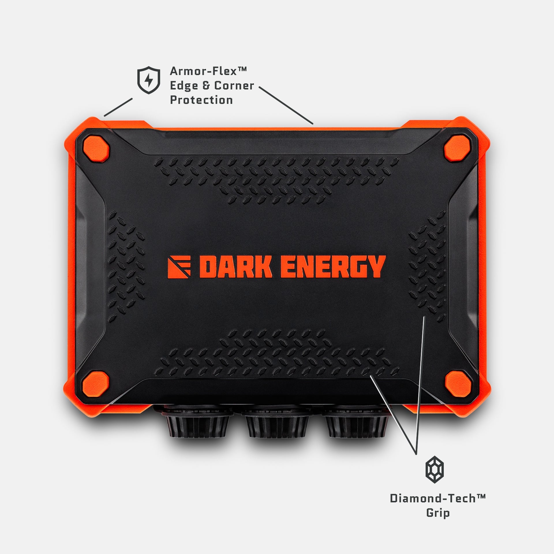 Orange-and-black XL power bank with textured grip, corner bump guards, and port openings