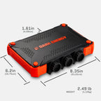 Orange-and-black XL power bank showing overall dimensions and weight on a flat view