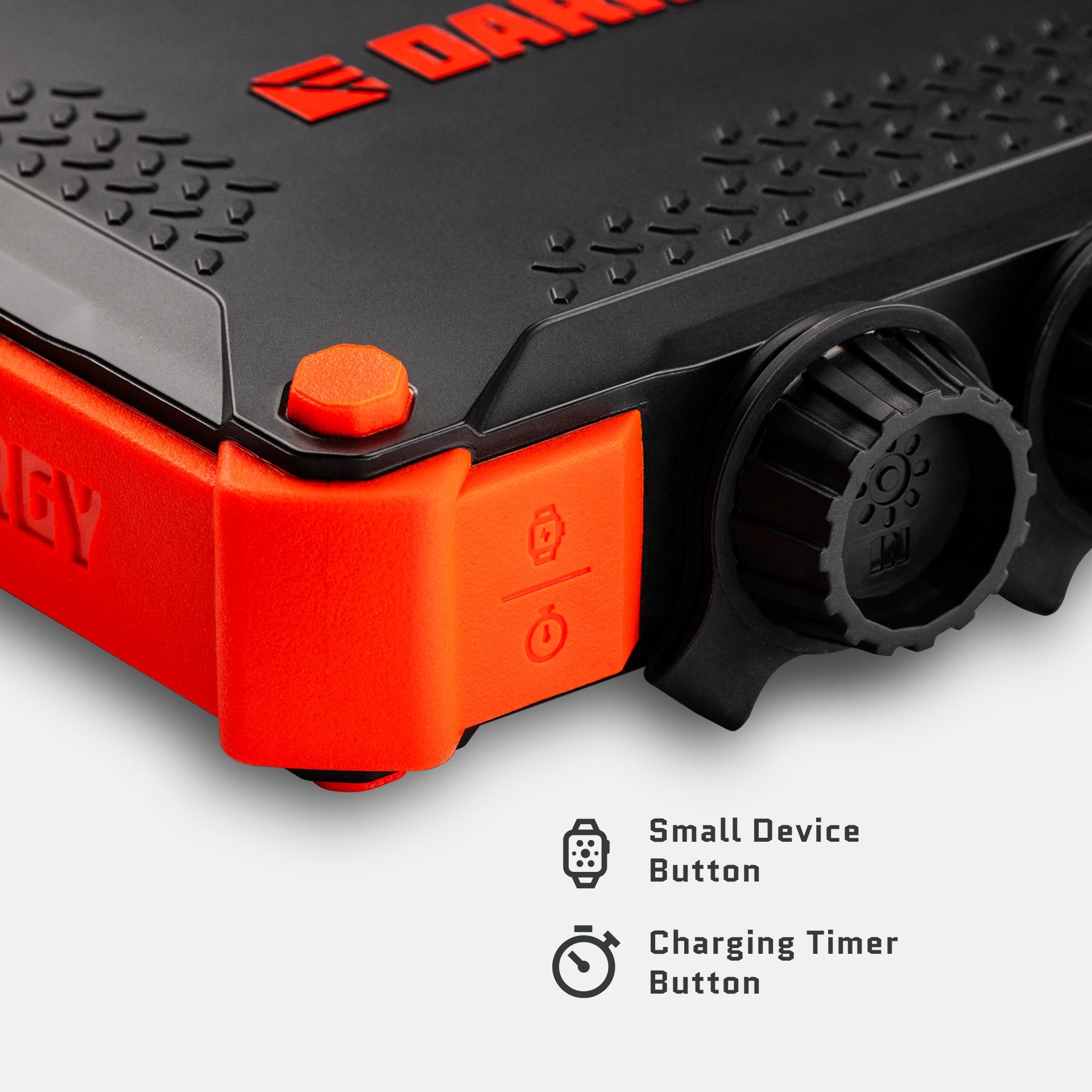 Close-up of XL power bank corner controls and large USB port for small devices