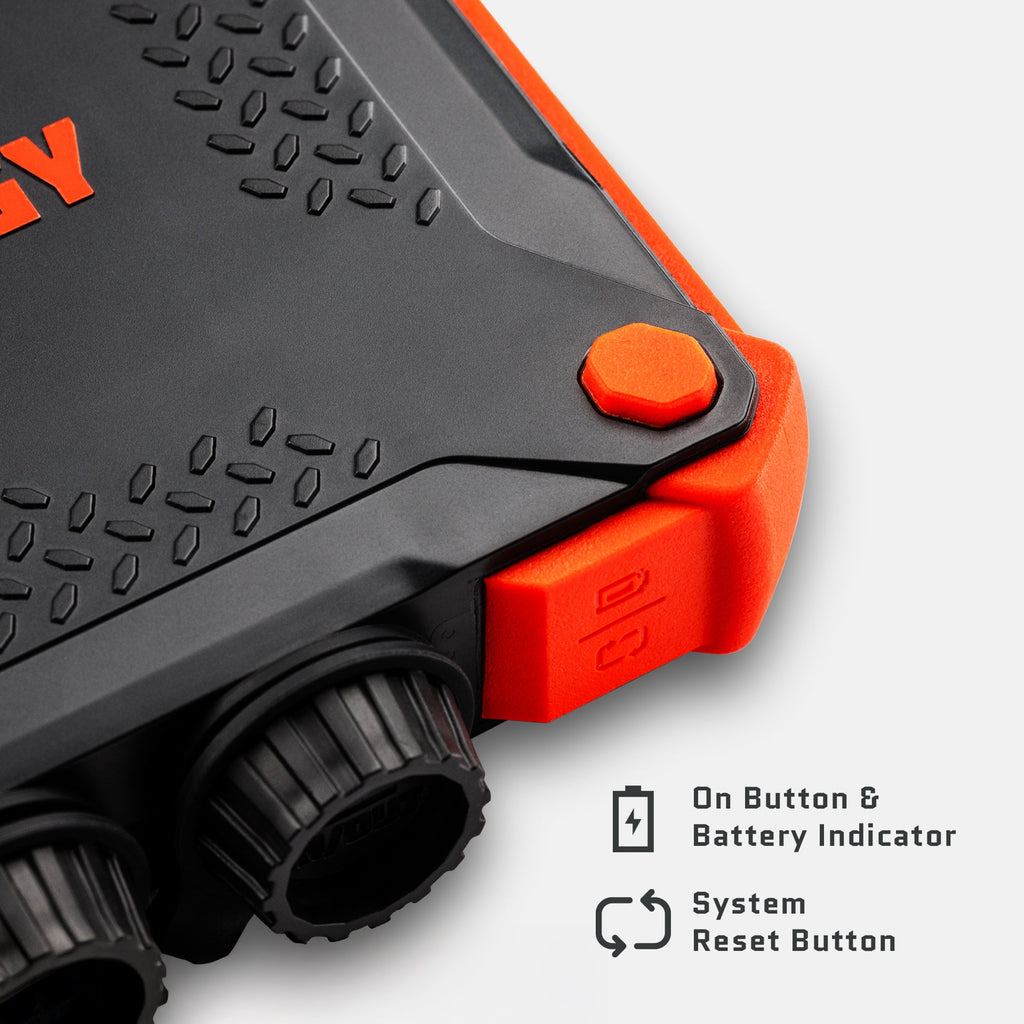 Close-up of rugged XL power bank corner with textured surface and control buttons