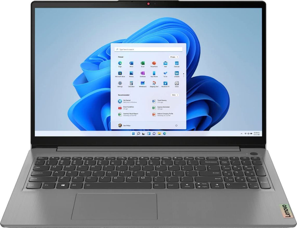 Arctic grey laptop showing keyboard and centered Windows 11 desktop on display