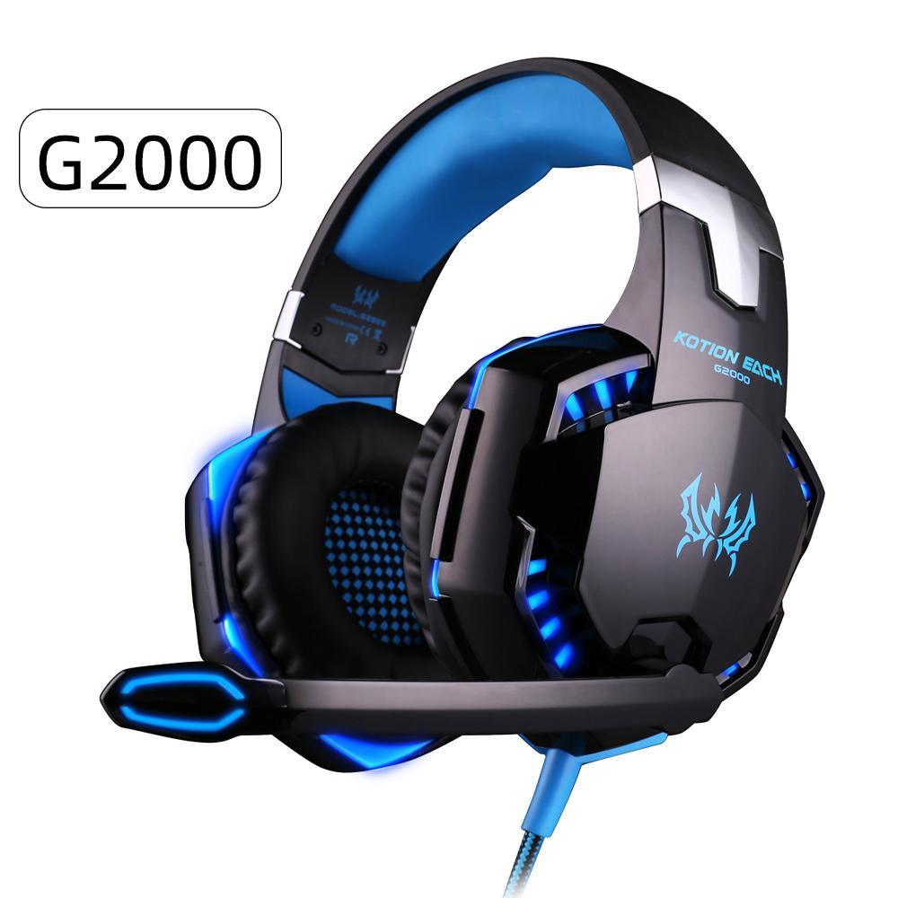 Blue and black wired over-ear gaming headset with glowing LED accents and padded ear cups