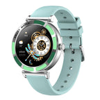 Silver smartwatch with light blue silicone band, round display with colorful fitness-style screen