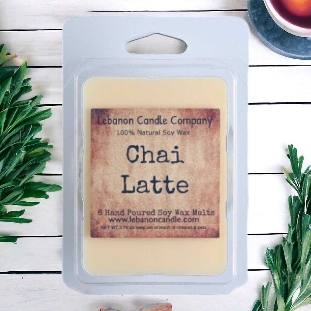Chai Latte soy wax melt in rectangular clamshell with branding and scent label.