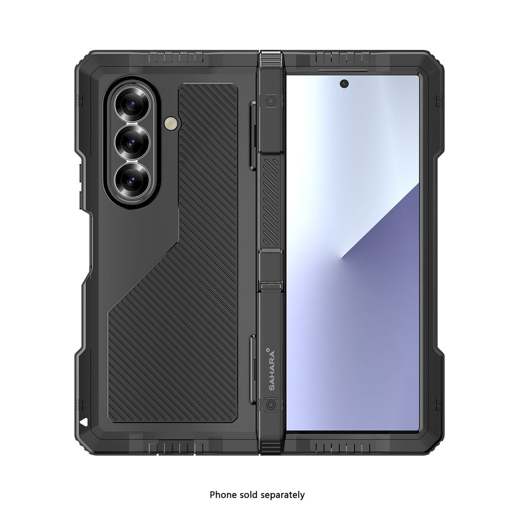Black heavy-duty phone case with kickstand and screen protector, raised camera openings