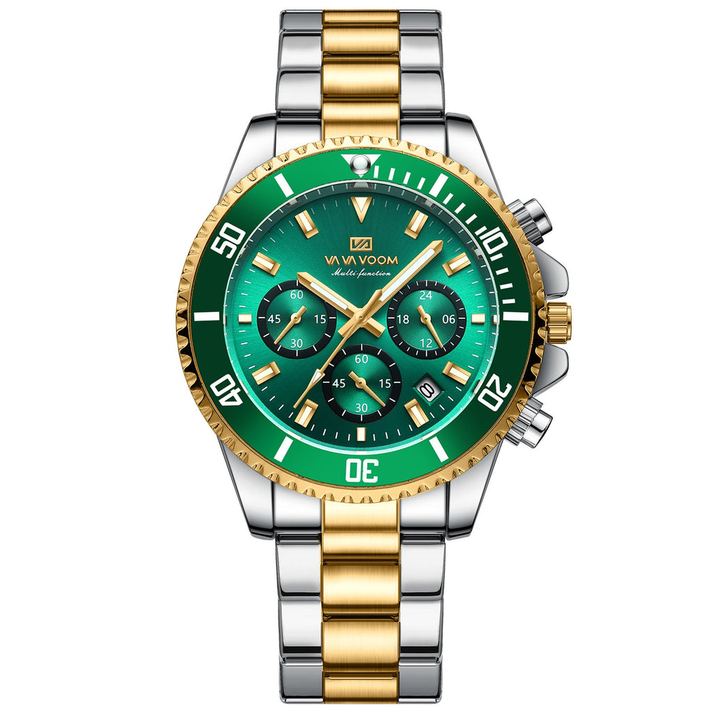 Two-tone men's wristwatch with green dial, gold bezel, and silver-gold link bracelet