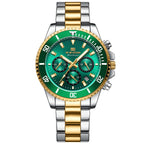 Two-tone men's wristwatch with green dial, gold bezel, and silver-gold link bracelet