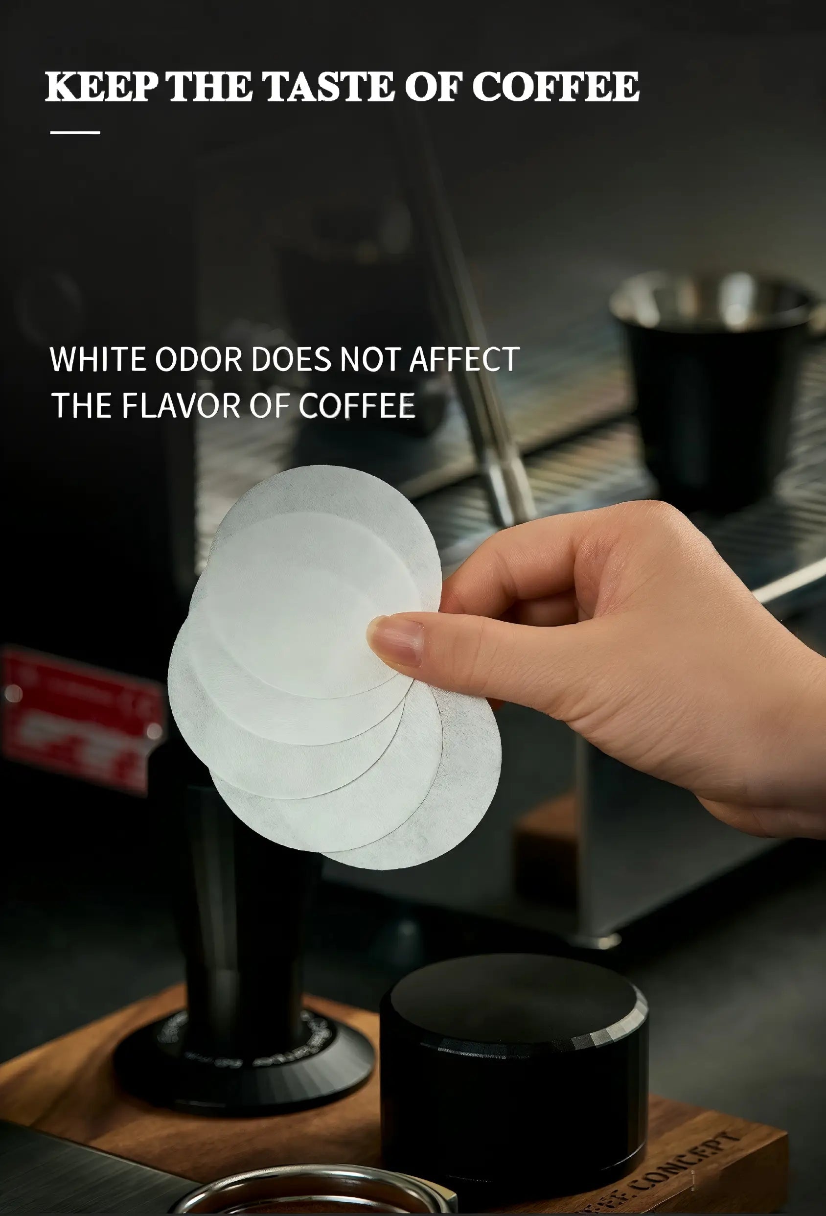 White coffee filter paper discs held above a portafilter basket