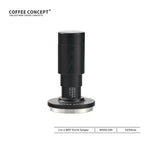 Black 2-in-1 WDT tool and espresso tamper with 53/54mm guide plate, countertop view.