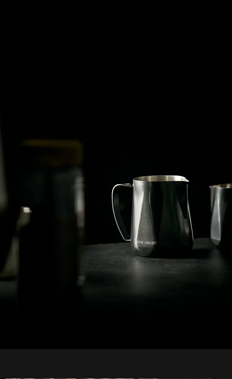 Milky white stainless milk pitcher with curved spout for latte art