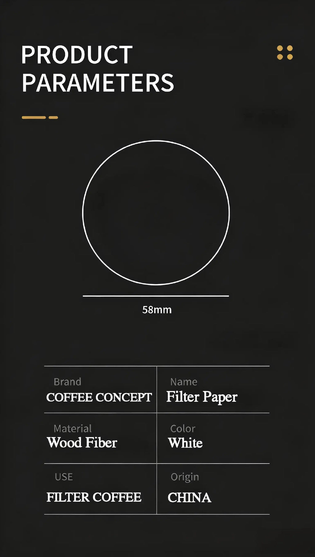 Coffee filter product parameters graphic with a circular diameter outline