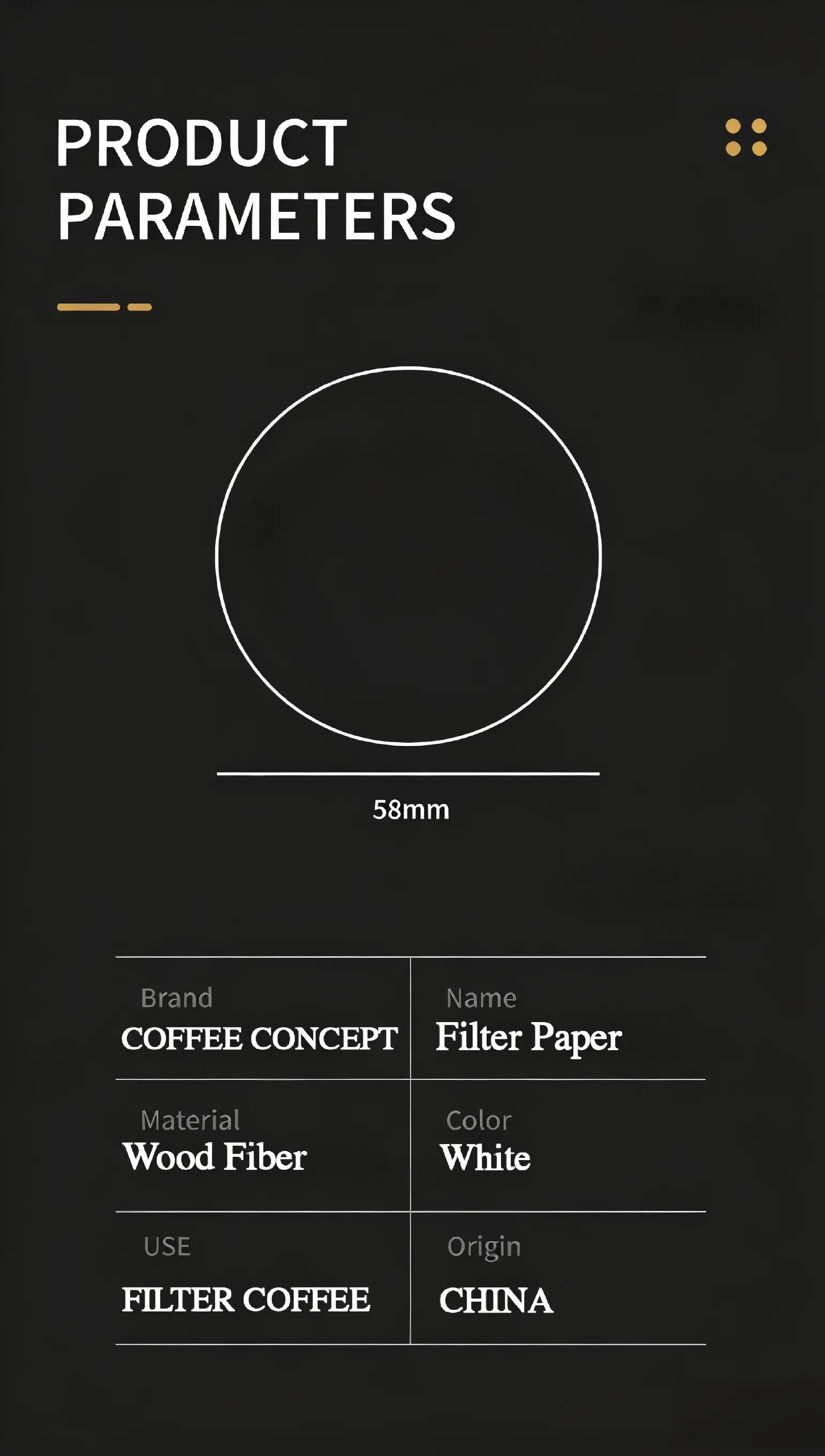 Coffee filter product parameters graphic with a circular diameter outline