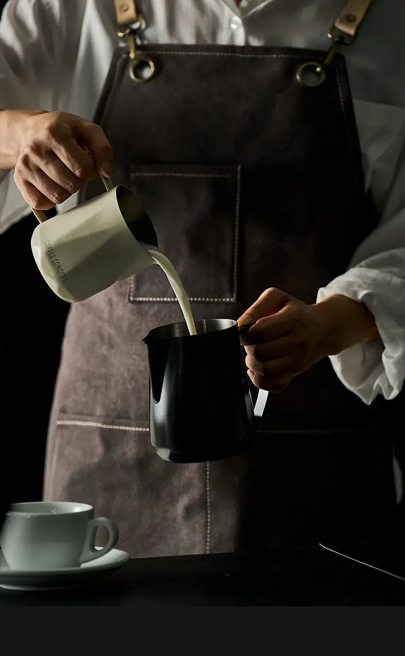 Black stainless milk pitcher with handle and pour spout for latte art