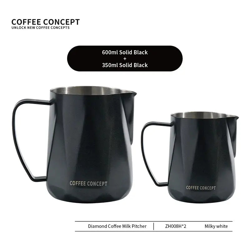 Diamond faceted milk pitcher set, solid black stainless steel, 600ml and 350ml with handles