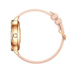 Rose gold smartwatch side view with light pink silicone band and metal buckle