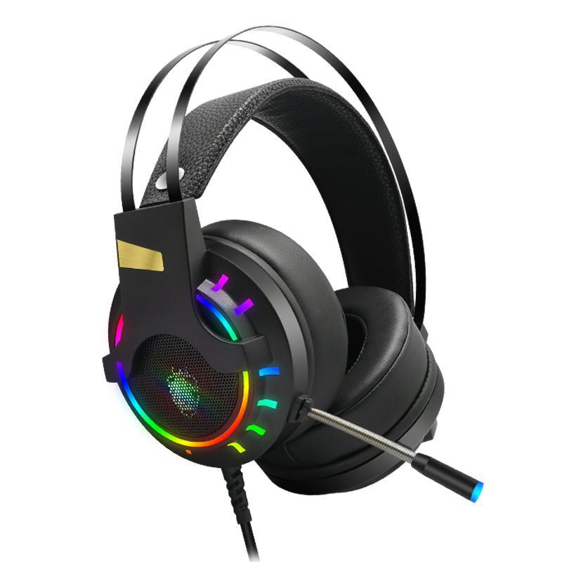 Black wired gaming headset with padded ear cups and rainbow LED ring, boom microphone attached