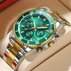 Two-tone men's wristwatch with green dial, gold bezel, and silver-gold link bracelet
