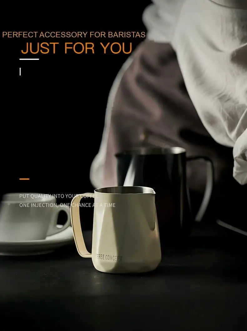 Milky white stainless milk pitcher with angled spout for latte art pouring