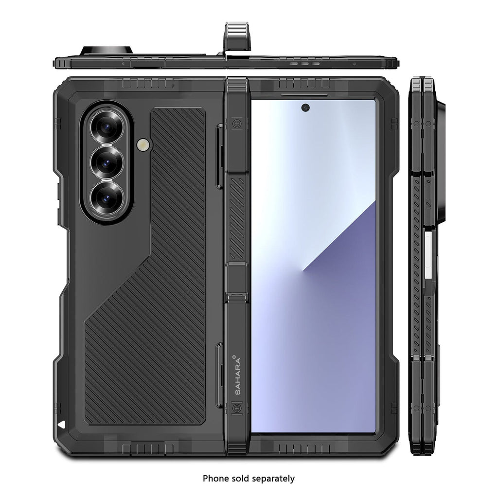 Black heavy-duty phone case with kickstand, textured grip back and screen cover