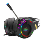 Black over-ear gaming headset with rainbow LED-lit speaker rings and long boom microphone