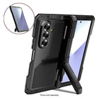 Black heavy-duty phone case with kickstand, camera cutouts, and screen protector