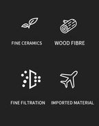 Coffee filtration feature icons: ceramics, wood fiber, fine filtration, material