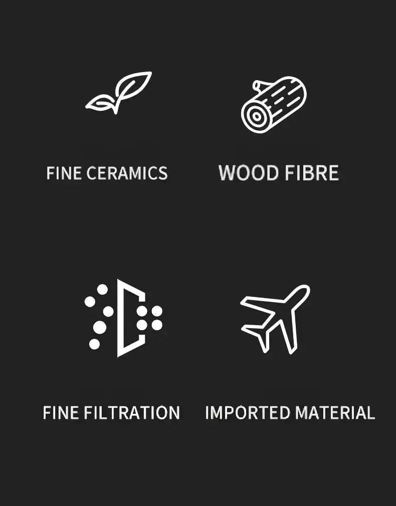 Coffee filtration feature icons: ceramics, wood fiber, fine filtration, material