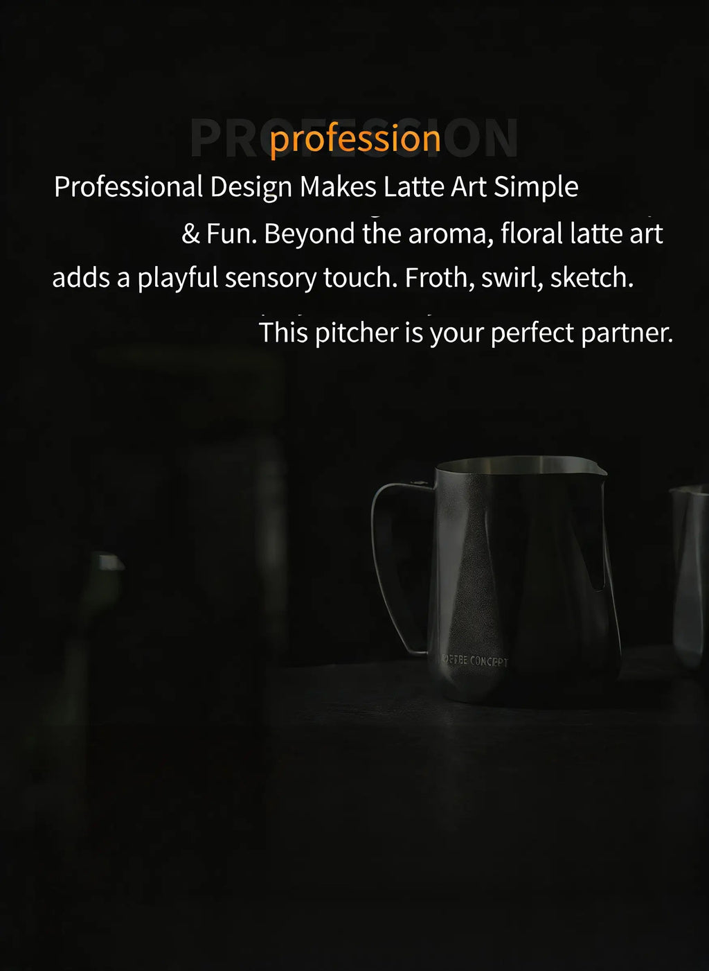 Black stainless milk pitcher with wide handle and pour spout