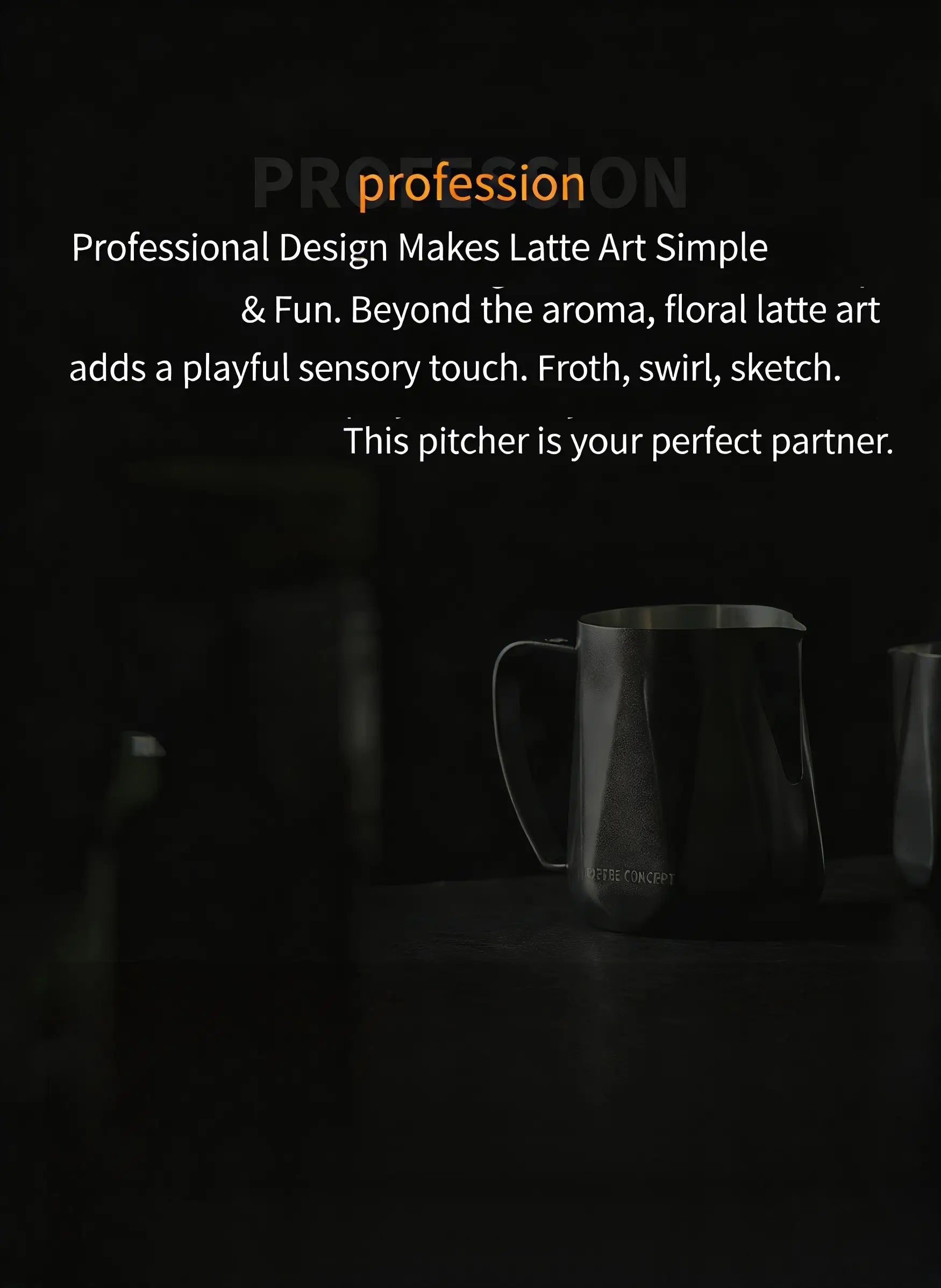 Black stainless milk pitcher with wide handle and pour spout