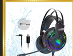 Black wired gaming headset with rainbow LED ear ring and detachable 3.5mm microphone cable