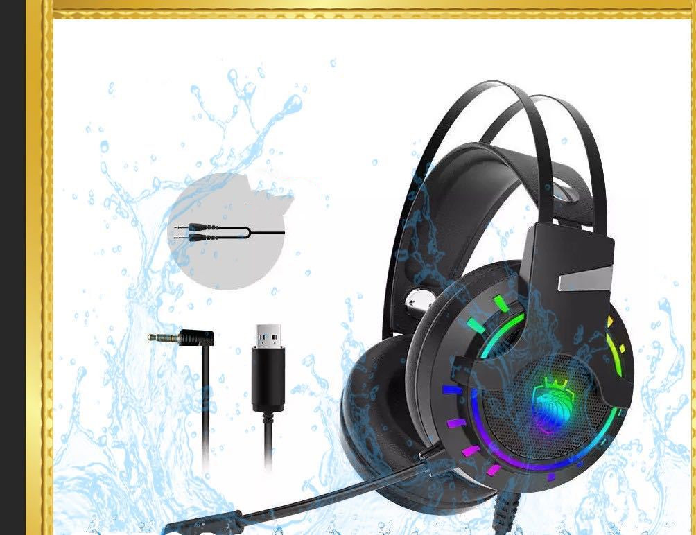 Black wired gaming headset with rainbow LED ear ring and detachable 3.5mm microphone cable