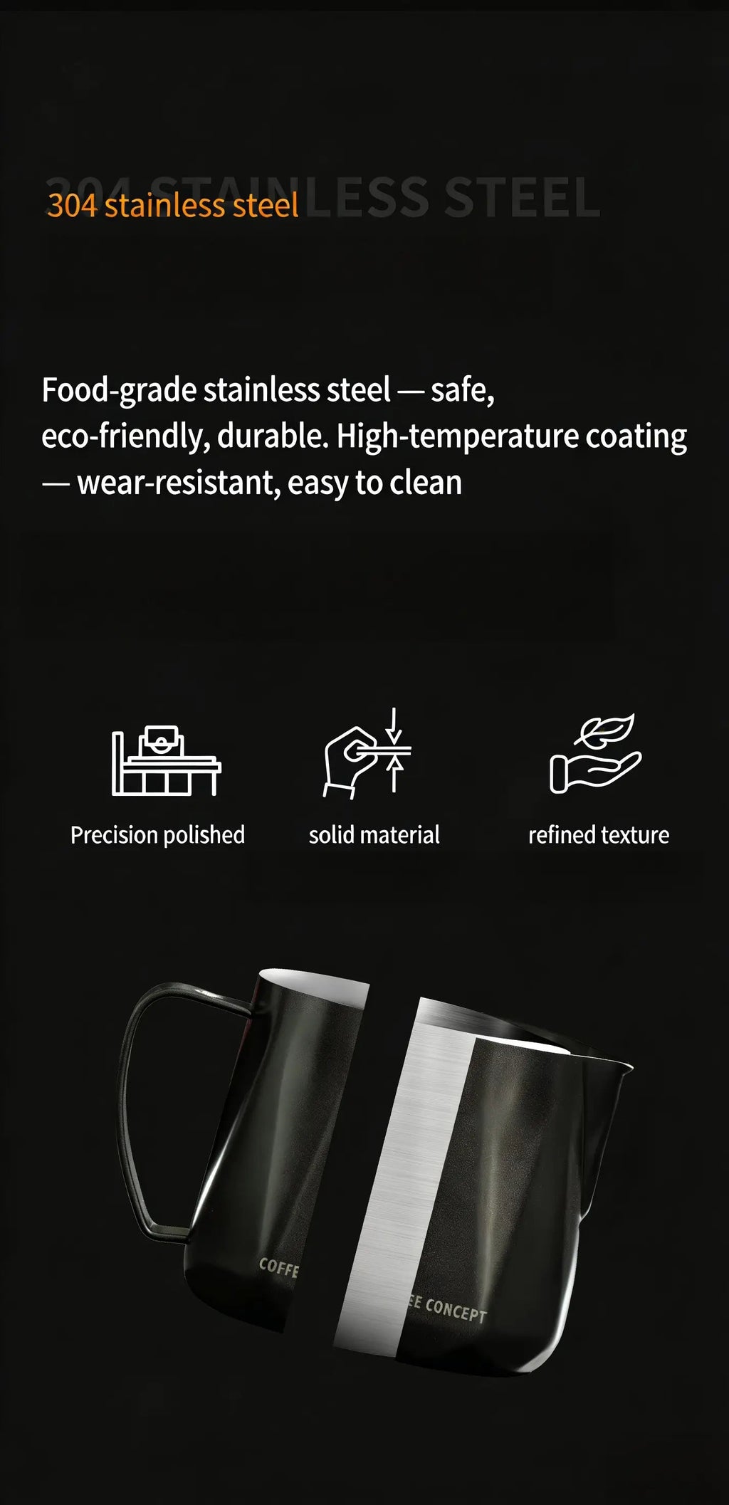 Stainless milk pitcher with faceted diamond-style body and curved pour spout