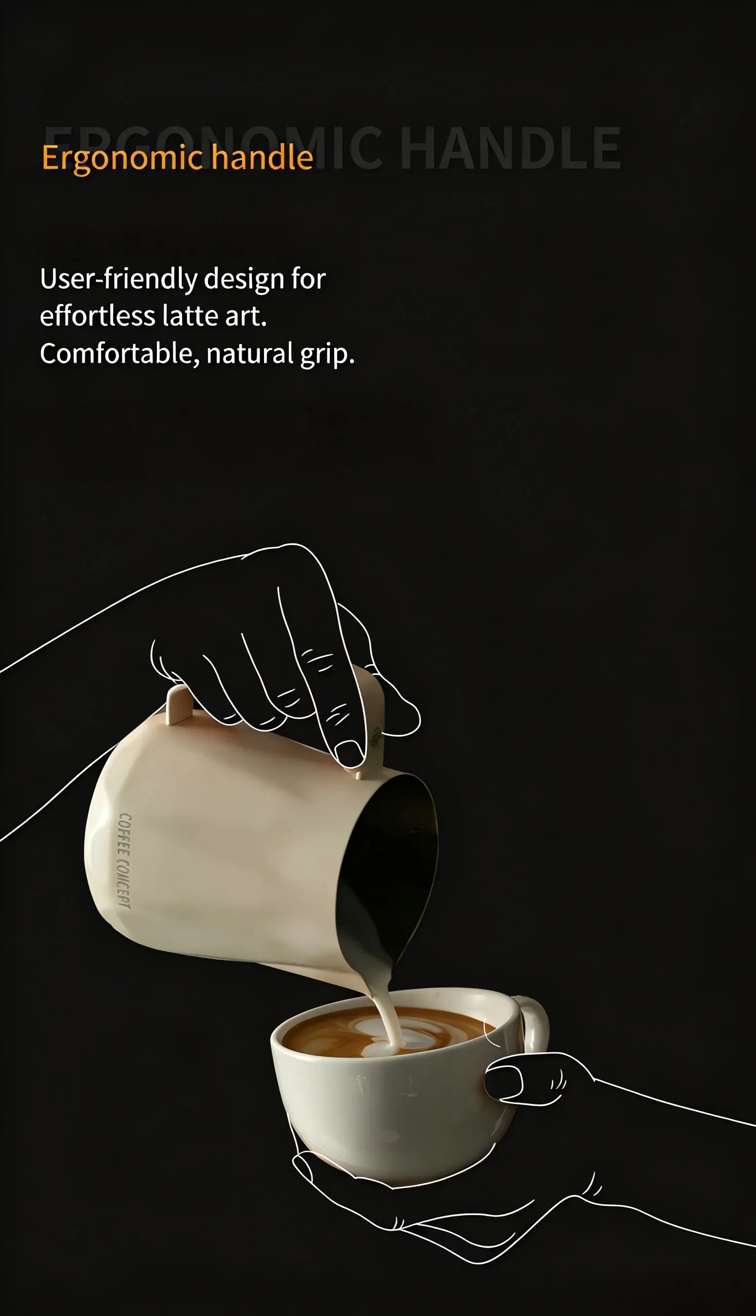 Milky white milk pitcher with ergonomic handle for controlled latte art pouring