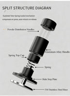 Split structure diagram of espresso tamper and WDT tool with needles, spring, and steel base.