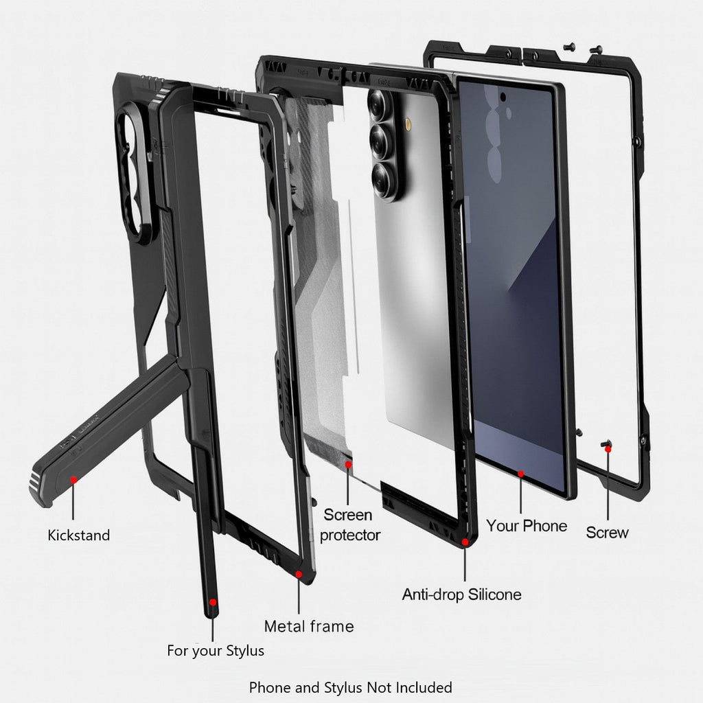 Heavy-duty phone case with kickstand and screen protector, anti-drop silicone pads and screws