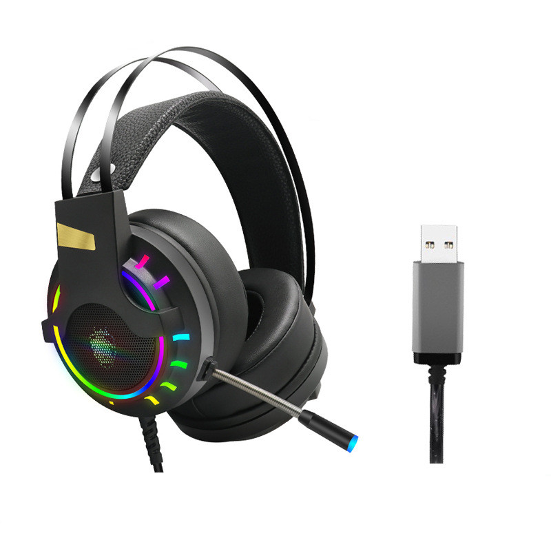 Black wired gaming headset with rainbow LED ear ring and detachable USB adapter cable