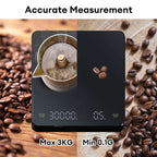 Black digital espresso scale with LED readout and tare/zero markers