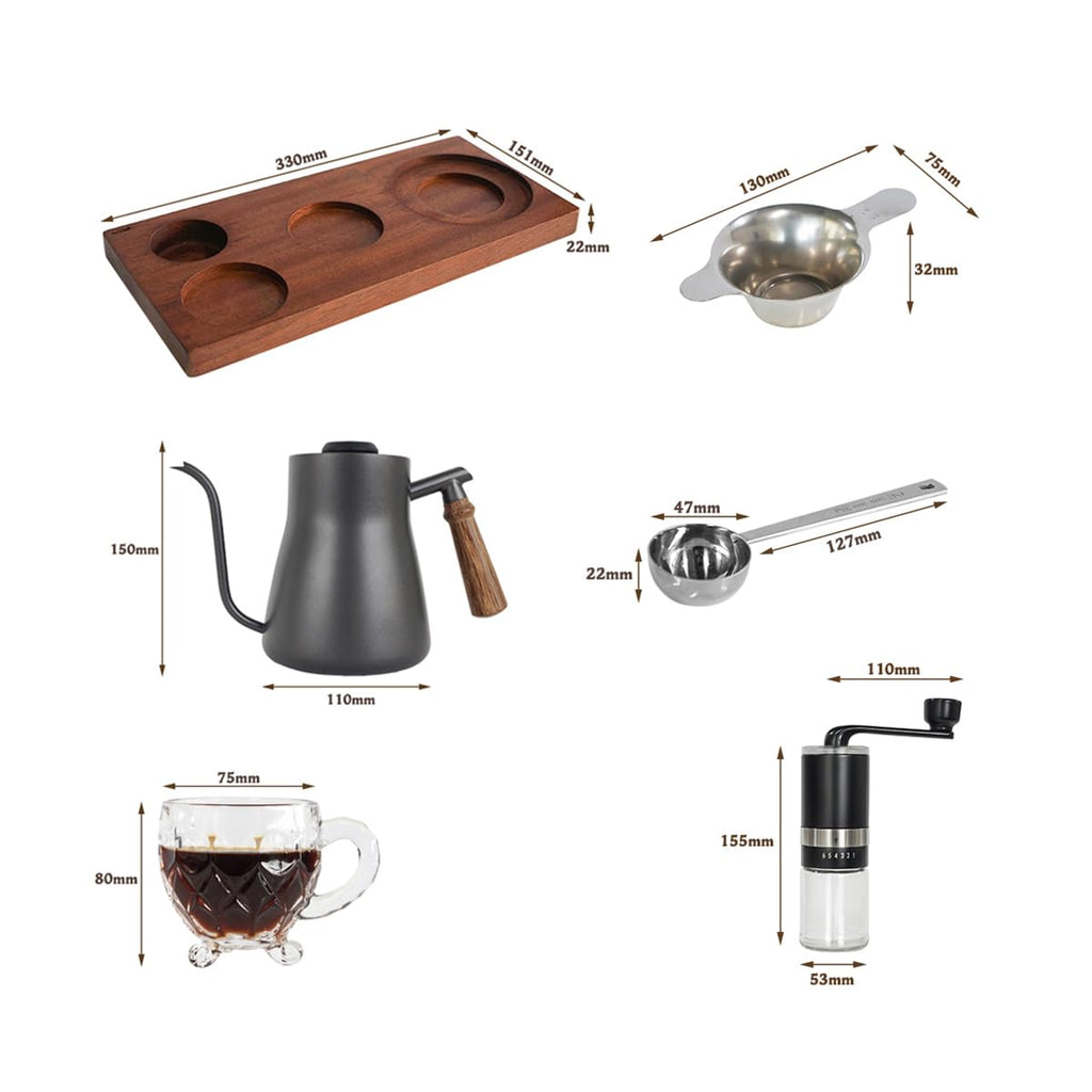 Coffee pour-over brew kit components: wooden tray, gooseneck kettle, dripper, glass cups