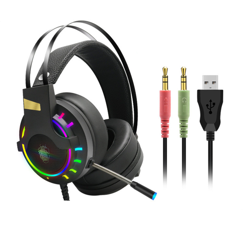 Black wired gaming headset with rainbow LED ear ring and color-coded audio connectors