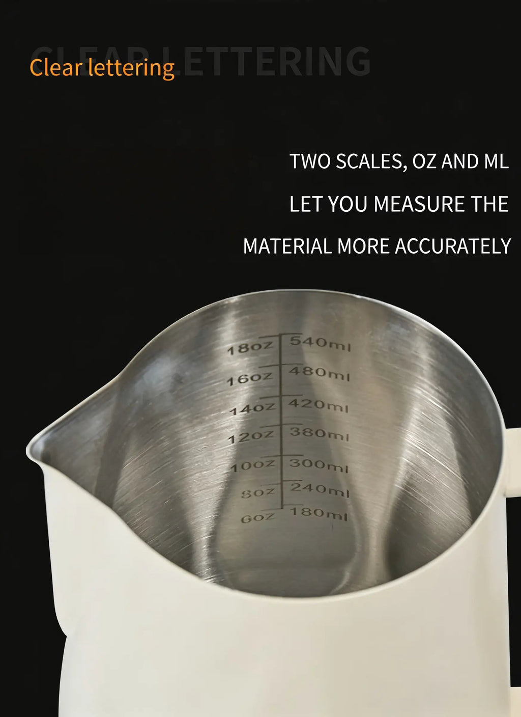 Stainless milk pitcher showing interior measurement markings and curved rim