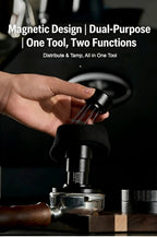 Dual-purpose magnetic espresso tamper and WDT tool, shown being attached and used by hand.