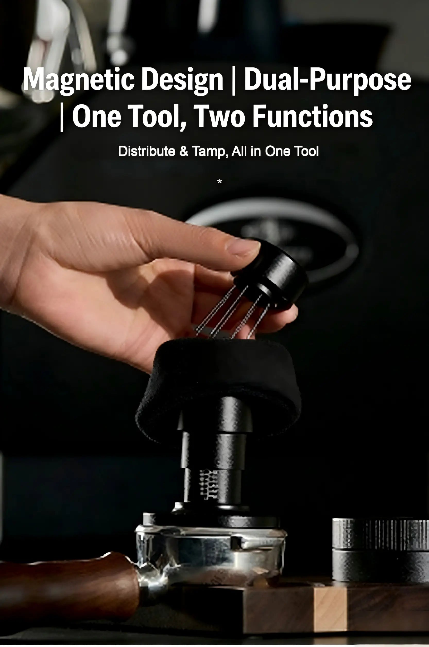 Dual-purpose magnetic espresso tamper and WDT tool, shown being attached and used by hand.