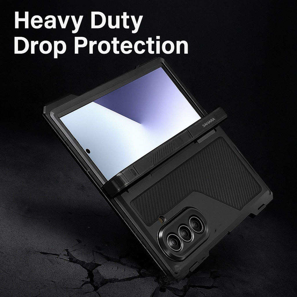 Black heavy-duty drop-protection phone case with kickstand, camera cutouts, screen cover
