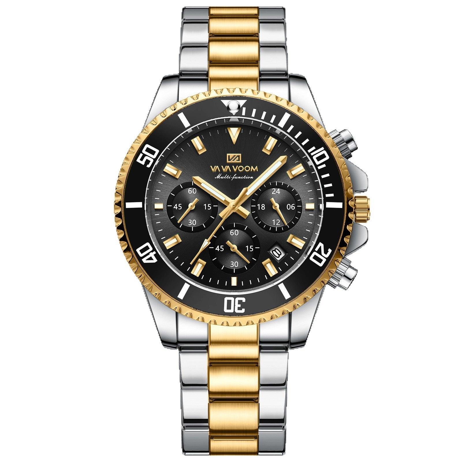 Two-tone men's wristwatch with black dial, gold bezel, and silver-gold link bracelet