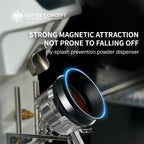 Black magnetic powder ring on the coffee funnel, with blue accent halo and portafilter nearby.