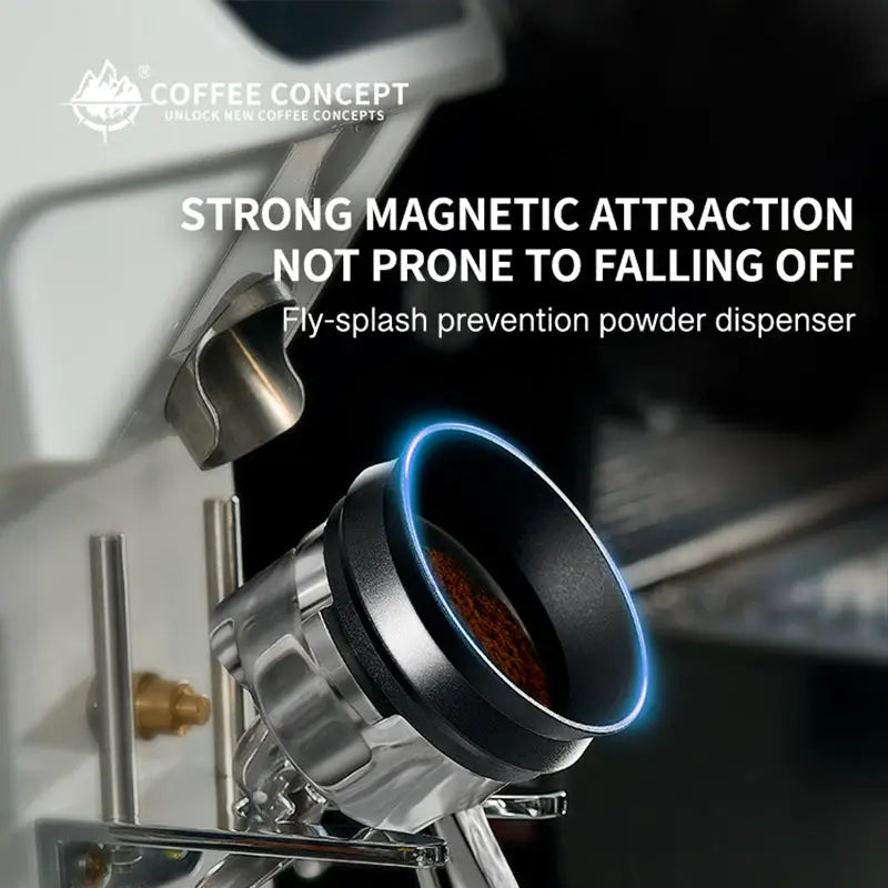 Black magnetic powder ring on the coffee funnel, with blue accent halo and portafilter nearby.