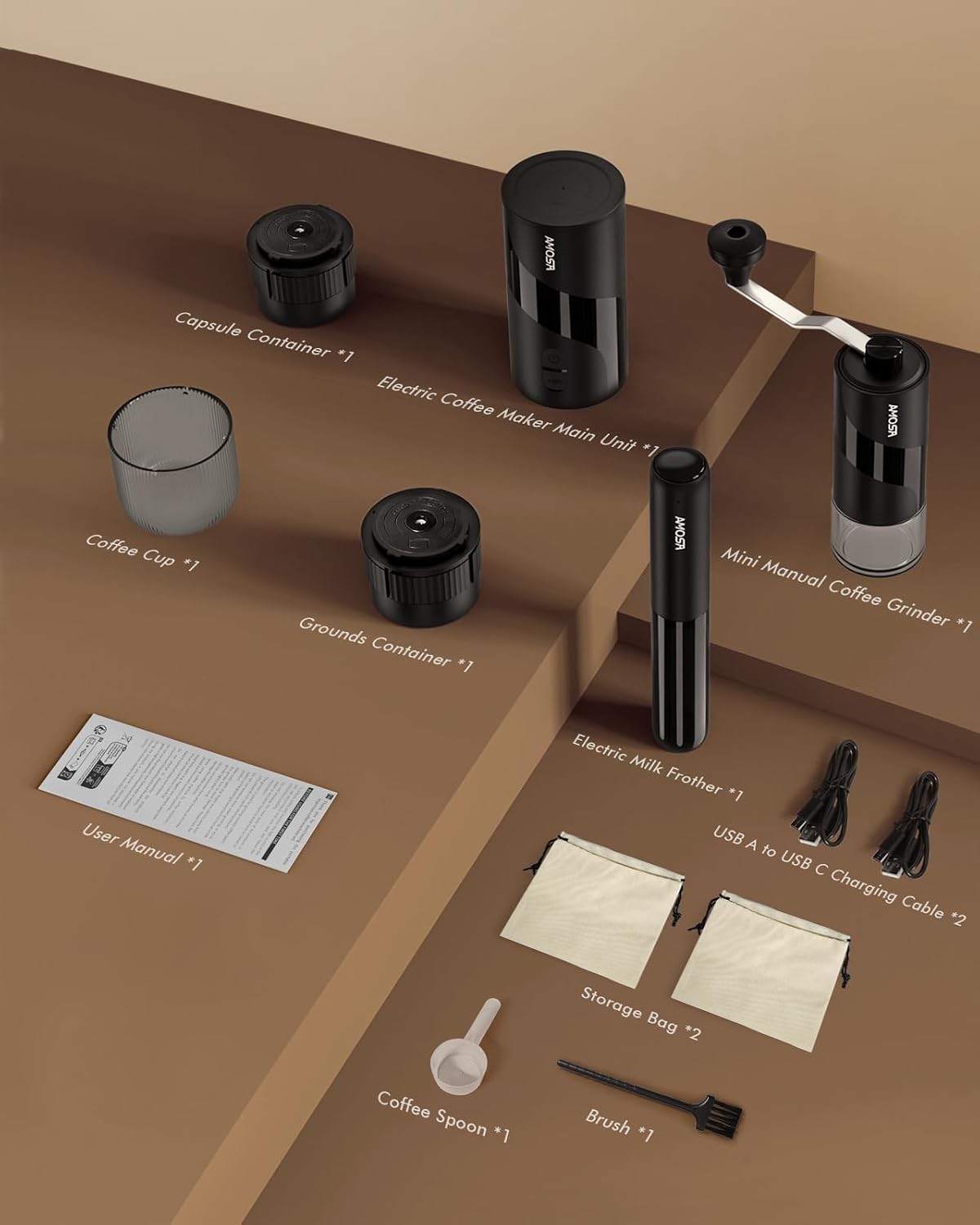 All-in-1 portable espresso set with grinder, frother, cup containers, and charging cable
