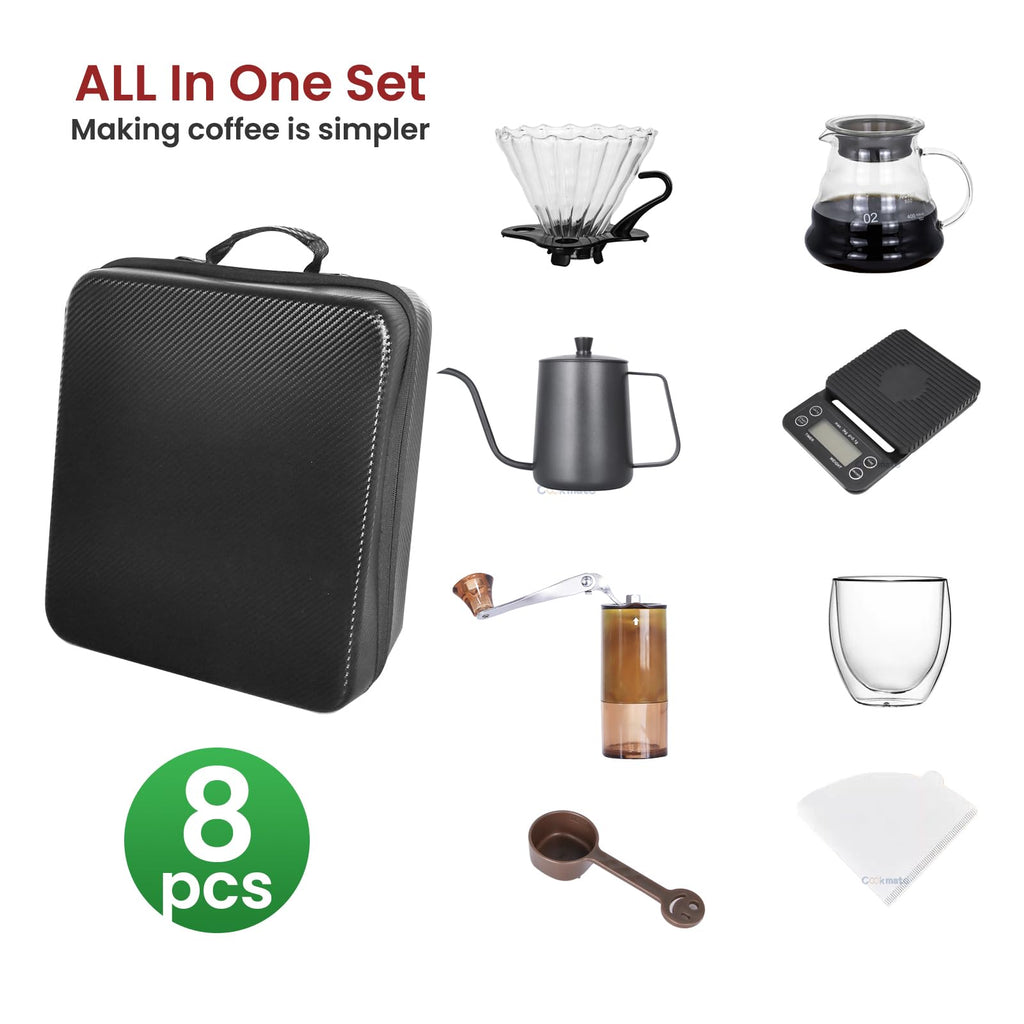All-in-one pour over coffee kit components with black travel case, dripper, kettle, and server