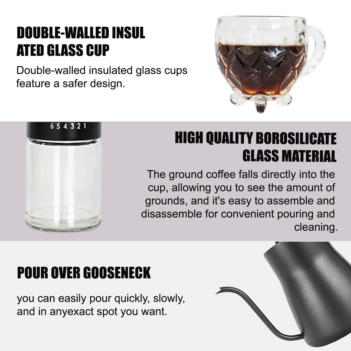 Double-walled glass coffee cup with black lid and pour-over gooseneck kettle